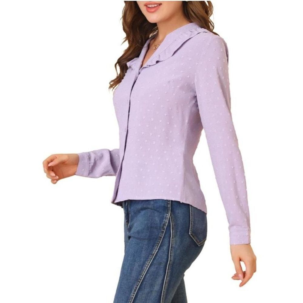 Swiss Dots Long Sleeve Button Front Ruffled Collar Shirt- Allegra K, Lavender S